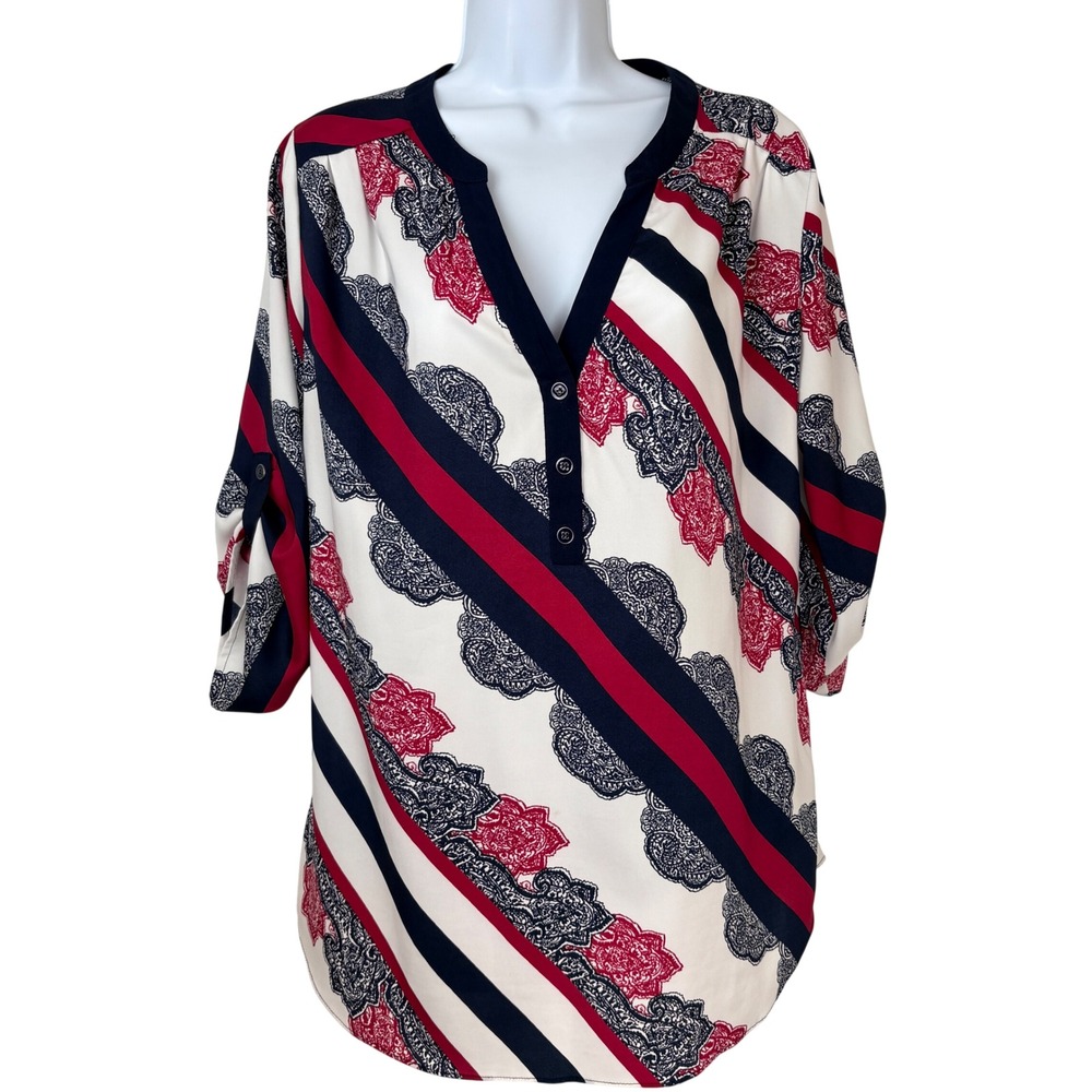 New York & Company Navy Red Striped‎ Floral Paisley V-Neck Blouse Medium